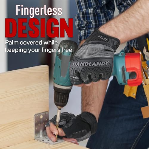HANDLANDY Fingerless Work Gloves, Men Women Padded Half Finger Framer Mechanic Construction Carpentry Working Gloves (Grey, L) - Image 2