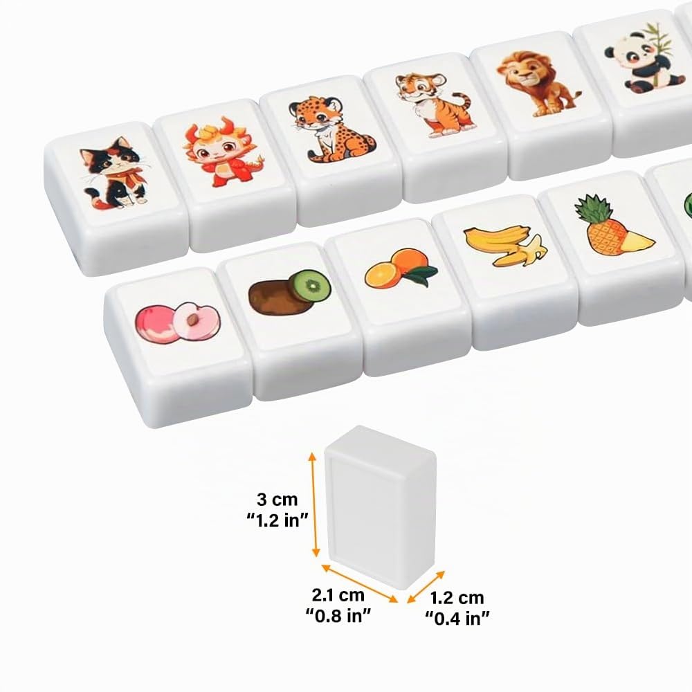 Lot de 65 blocs de jeu Seaside Escape Game - 30 mm - Avec autocollants - Motif fruits et animaux - Mahjong - Pour famille, voyage, réunion de fête