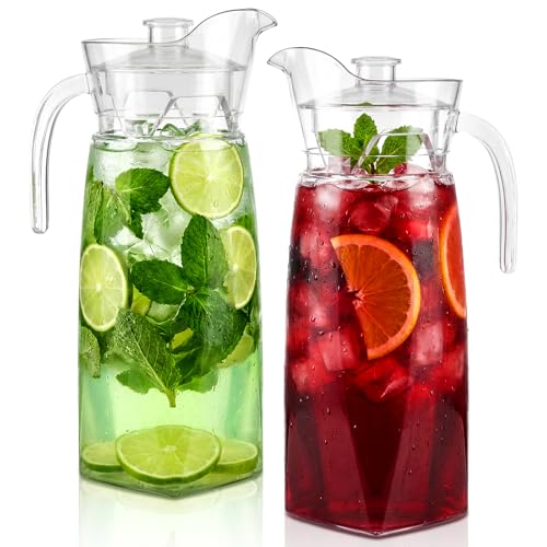 Elsjoy 2 Pack 42 Oz Acrylic Pitcher with Lid and Spout, Clear Plastic Water Pitcher Unbreakable Beverage Container for Fridge, Acrylic Drink Pitcher for Iced Tea, Lemonade, Juice, Milk