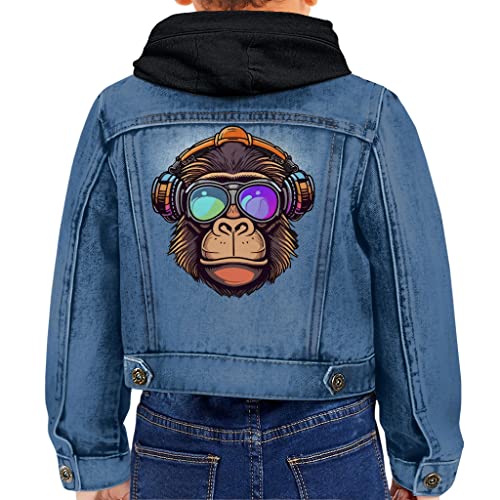 Monkey With Headphones Toddler Hooded Denim Jacket - Gifts for Kids - Cute Monkey Lovers Gifts