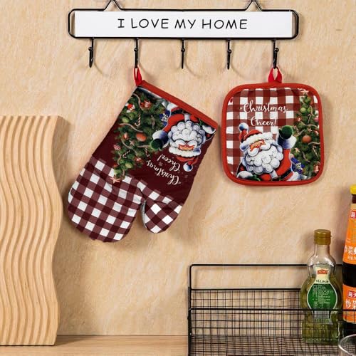 Christmas Cheer Oven Mitt Set, Red and White Buffalo Plaid, with Santa Claus Design (Christmas Green) — view 5