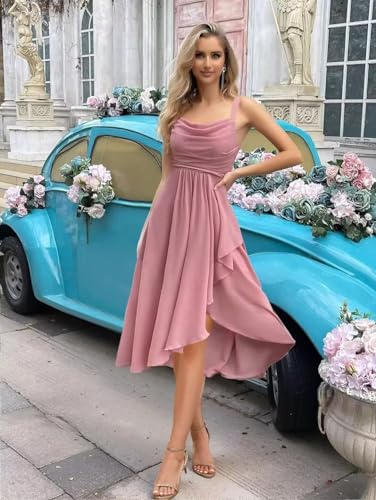 Women's Short Chiffon Bridesmaid Dresses Spaghetti Straps Cowl Neck Ruffle Formal Gowns LYK023