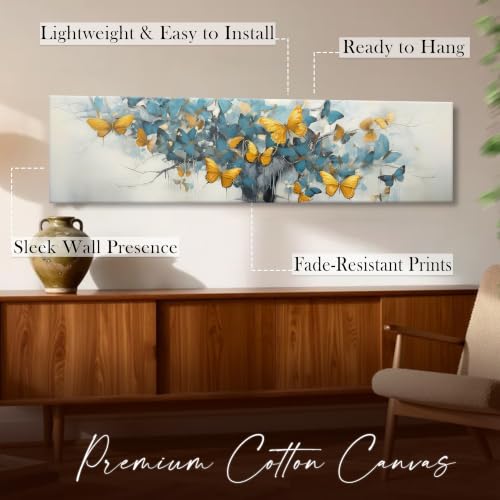 Image of Large Stretched Canvas Painting, Panel Wall Painting Abstract Tree with Yellow Butterfly Luxury Paintings for Home Decoration, Living room, Bedroom and Office Decor (Sky Blue, 12x46 Inch)