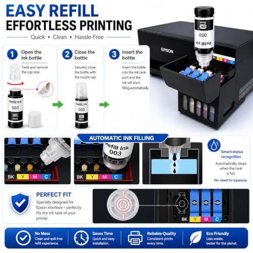 Image of ROHINK 003 Compatible Refill Ink for Epson L3110, L3150, L3250, L3252, L3115, L3116, L3101, L3210, L3215, L3216, L3151, L3152, L3156, L5190 Printers (003 Black Pack 1)