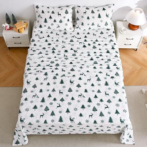 Image of Viviland Microfleece Full Bed Sheet Set, Green Deer | Soft Flannel-like Fleece, 100% Polyester, Fluffy Velvety Feel, 200GSM, 15 inch Deep Pocket, Warm Winter Gift & Decor