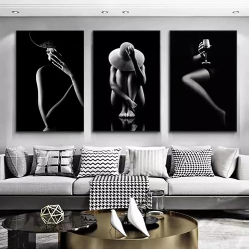 Art mural nordique de beauté sexy : lot de 3 toiles noir et blanc 70x100cm pour salon
