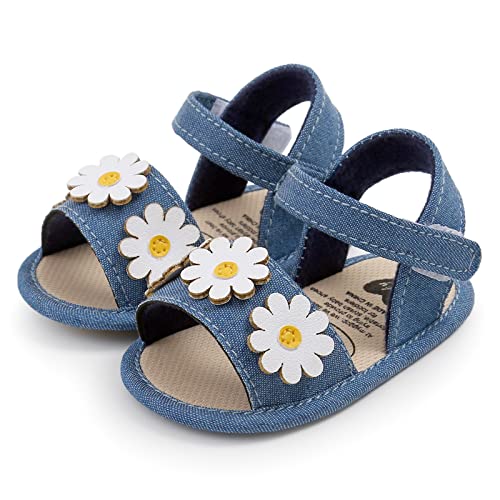 Generic Infant Boys Girls Open Toe Denim Shoes First Walke𝐫 Shoes Summer Sandals with Flower Newborn Crib Dress Shoes2