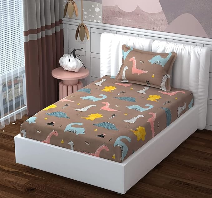 Image of Glace Cotton Single Bedsheet with 1 Pillow Cover | Soft, Durable, Lightweight & Skin-Friendly Fabric| Suitable for Single /Diwan Bed Size 4x6 feet (48x72 Inch) Dinosur