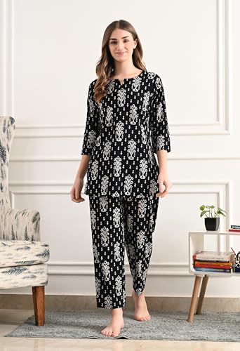 Image of Amazon Brand - Tavasya Women Cotton- Rayon Printed Kurti with Pant Co-Ord Set | Soft Comfortable Straight Fit Ethnic Kurta Set | 3 /4 Sleeves V-Neck Daily, Office & Casual Wear