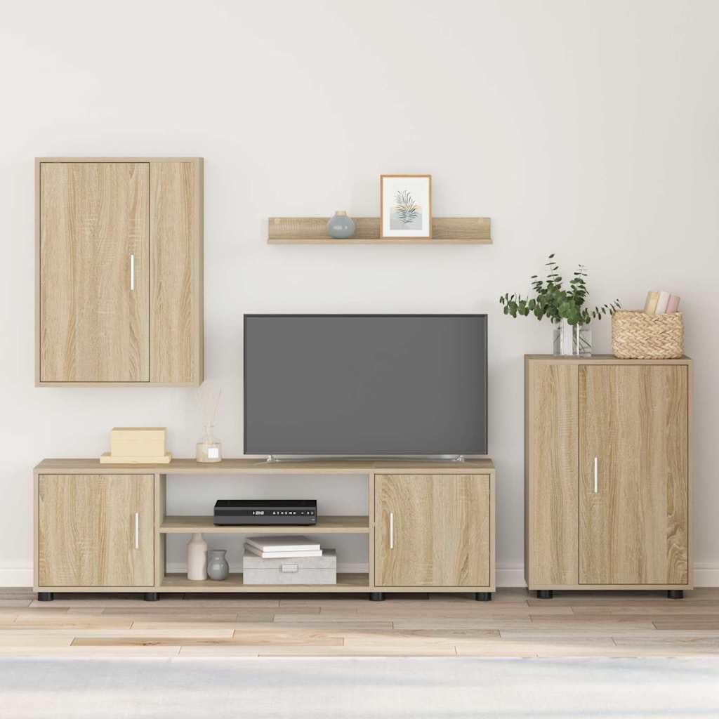 4-teiliges TV-Schrank Set Sonoma-Eiche Holzwerkstoff, Hängend, Modernes Media Center, Wohnzimmer Entertainment Konsole, Robuste Konstruktion