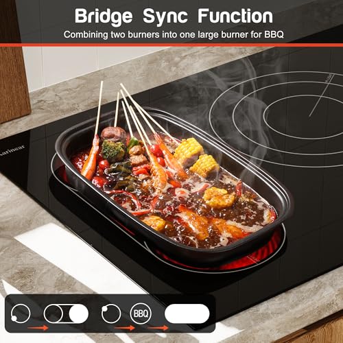 Image of Karinear 36 Inch Electric Cooktop, 5 Burners Electric Stove Top, Drop-in | Flexible Bridge &Triple Ring Expandable Burners, Pause, Timer, Child Lock, 9600W, Built-in Ceramic Cooktop 220-240V HardWired