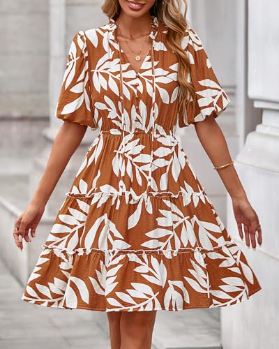 Image of BTFBM Women Summer Floral Short Dresses V Neck Short Sleeve Tiered Ruffle Boho Swing Dress A-Line Mini Dresses