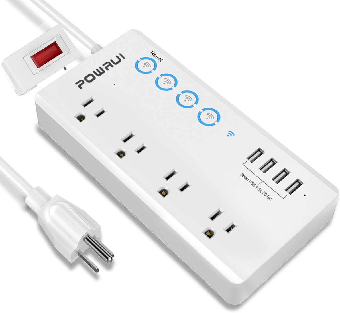 Smart Power Strip, POWRUI Wifi Surge Protector with 4 AC Outlets and 4 USB ports (5V/4.8A,24W), Voice Control with Alexa & Google Home, 6ft Cord, one by one button
