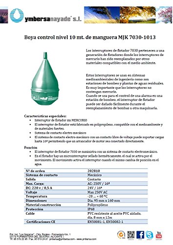 Boya Control Nivel 10 MT. de Manguera. Apto Aguas sanitarias: no Lleva Mercurio