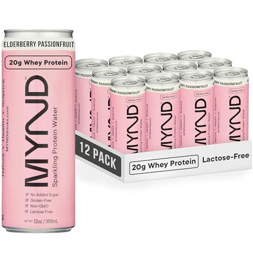 Image of MYND Sparkling Protein Water, Clear Protein Drink - 20g Whey Protein Isolate Per Can, 12 Pack - Lactose Free, Gluten Free, No Added Sugar - Ready-to-Drink Carbonated Protein - Elderberry Passionfruit
