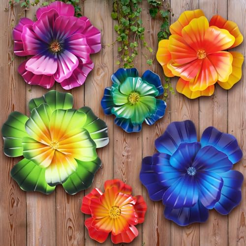 MorningRo 6 Pcs Metal Flowers Wall Art Decor Colorful 3D Hibiscus Fence Flowers Metal Wall Art Decoration Hanging Sculptures for Outdoor Garden Fence Lawn Balcony Yard Women Mother Gift