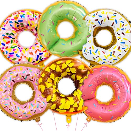 6PCS Large Donut Foil Balloons Doughnut Mylar Aluminum Balloons Sweet Candy Sprinkles Foil Balloon for Birthday Baby Shower Wedding Party Supplies