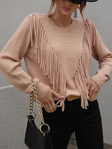 Image of Women's Casual Crewneck Fringe Tassels Crochet Long Sleeve Knitted Fall Sweater Pullover Tops