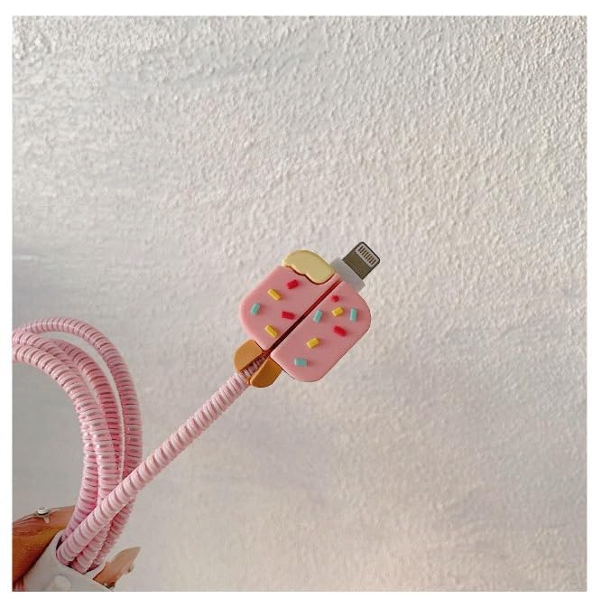 Image of Cable Protector with 3D Cute Pattern for iPhone Charger only18W & 20W | Data Line Wire Saver Charger Protective Cable Full Protection Set of-1 (Pink ICE Cream)