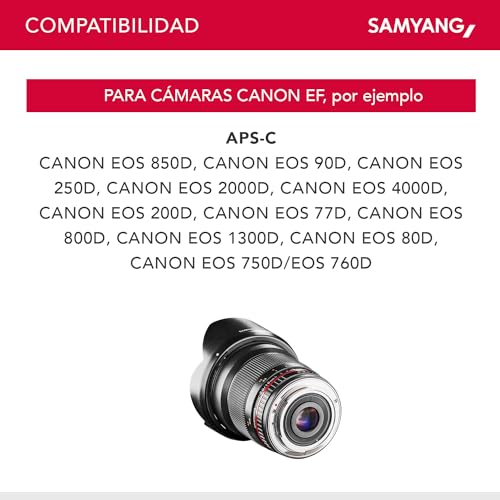 Samyang F1120701101 - Objetivo fotográfico DSLR para Canon EF (distancia focal fija 16mm, apertura f/2.0 ED AS UMC CS, diámetro filtro: 77mm), negro