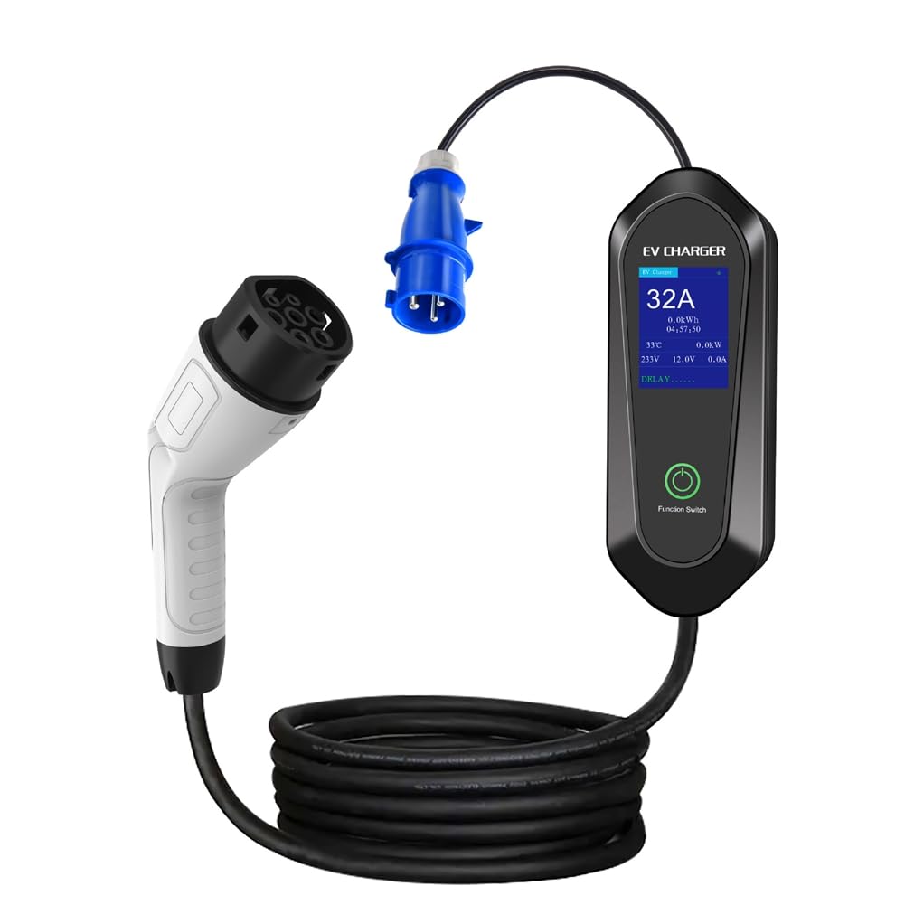 Cargador Portátil EV Monofásico de 7 KW y 32 A para Vehículos Eléctricos. Cable de Carga Rápida EVSE. Compatible con para WiFi y Aplicación. Control Bluetooth.
