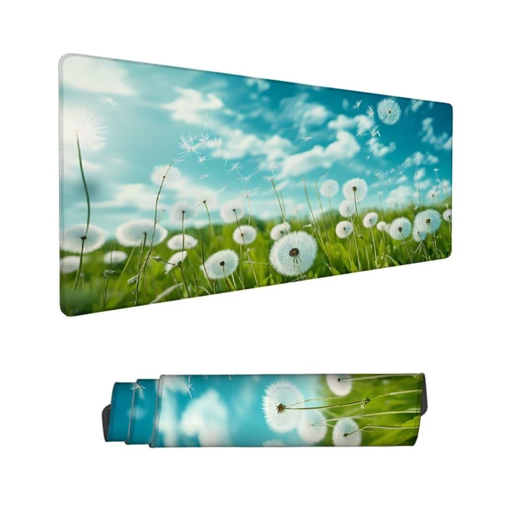 Biała podkładka pod mysz pod biurko, podkładka pod mysz XXL 1000 x 500 x 3 mm, podkładka pod mysz mniszek lekarski antypoślizgowa wodoodporna podkładka pod mysz, podkładka pod mysz z przeszytymi