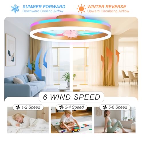 Image of 20 inch RGB Ceiling Fans with Lights and Remote /APP, Dimmable 3000-6500K LED Low Profile Ceiling Fan with Light, Modern Fandelier Flush Mount Ceiling Fan Light for Living Room, Bedroom and Kitchen