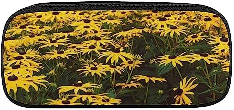 FIONEL Field-of-daisies PU Leather Quad Pen Case Zipper Pencil Pouch Holder for Pens Case Office Storage Box Organizer Pen Bag(8×1.5×3.5 IN)