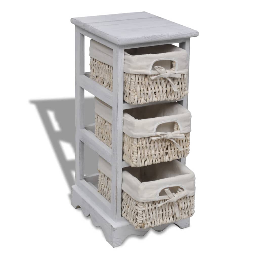 Armario de madera con 3 cestas trenzadas en color blanco, estantería de madera resistente con cestas de almacenamiento y decoración de la habitación de estilo rústico