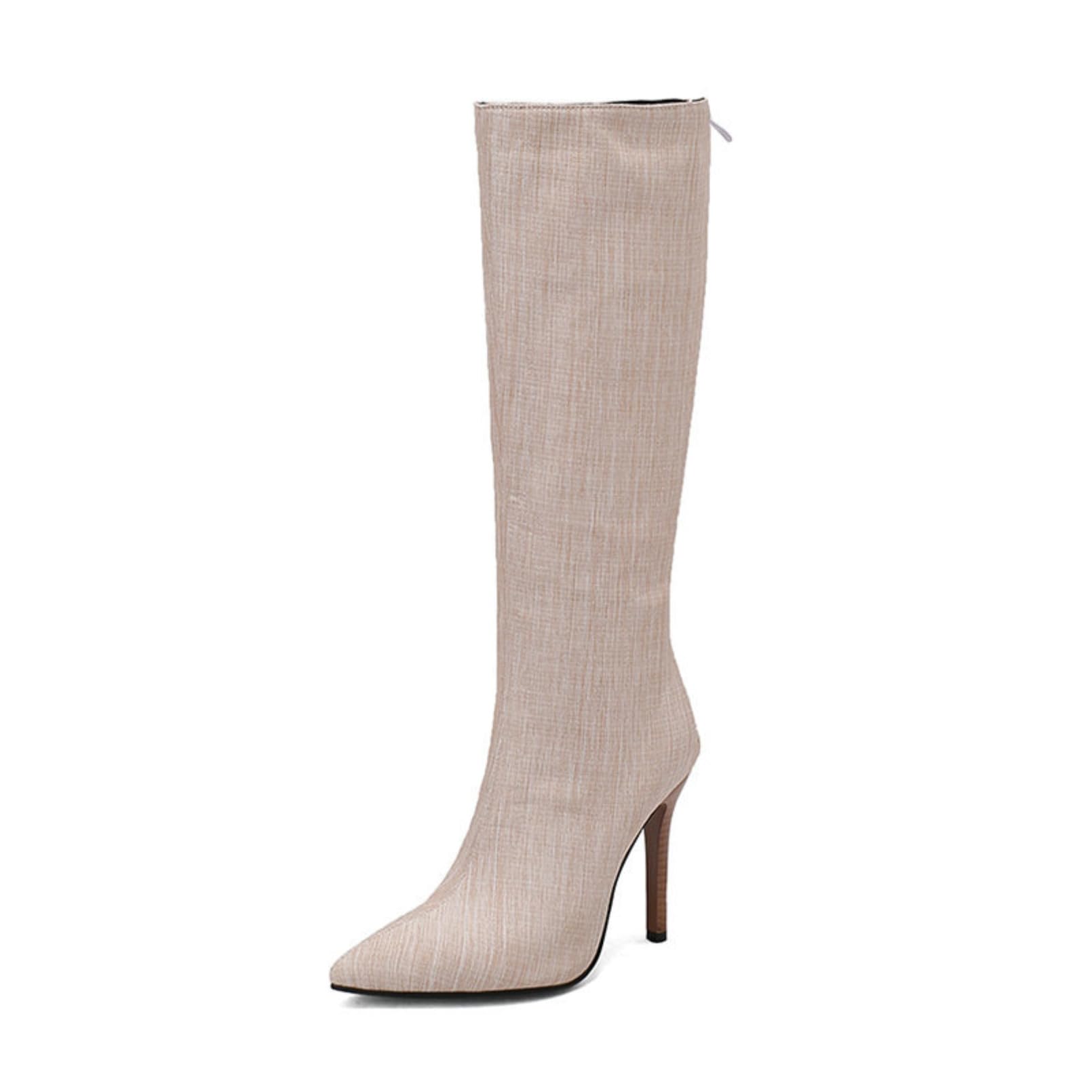 Womens Pointed Toe Knee High Boots Faux Leather Stiletto Heel Warm Waterproof Back Zip Comfortable Wide Fit Stylish