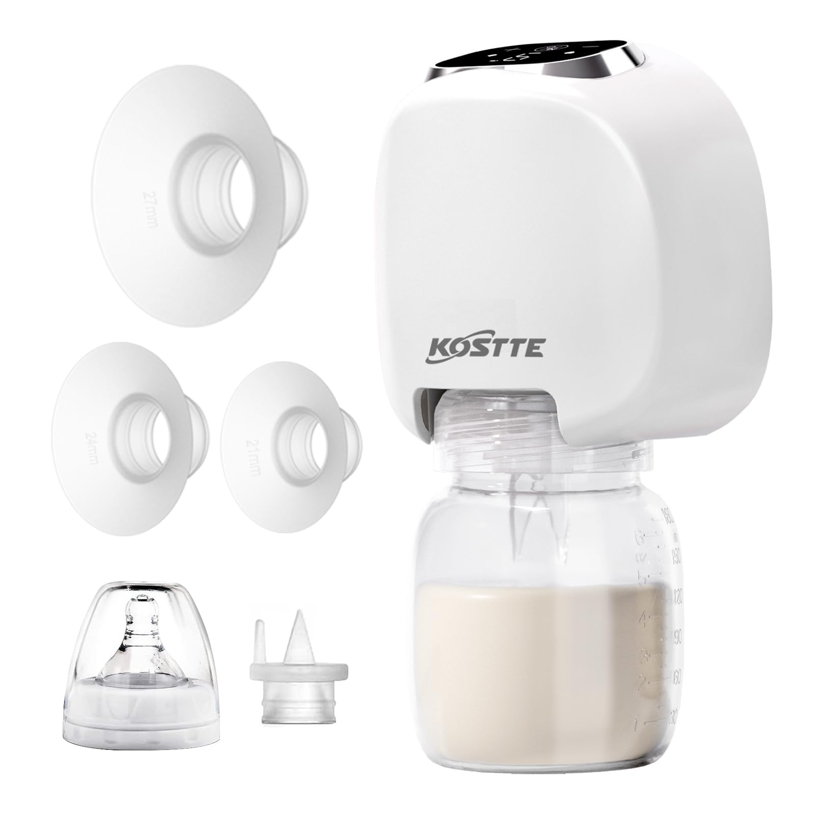 KOSTTE Wearable Breast Pump, Electric Breast Pump Handsfree, Painless Rechargeable Wireless Breast Pump with LCD Display, Painless Low, 21mm/24mm/27mm Flanges