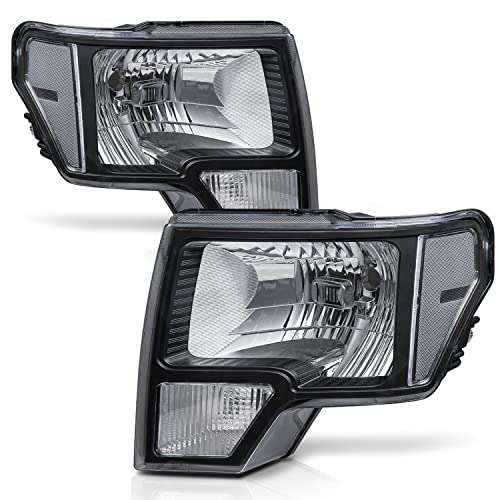 M-AUTO Black Housing Clear Corner Headlights Assembly Replacement for 2009 2010 2011 2012 2013 2014 Ford F-150 Pickup Truck, Left Driver and Right Passenger Side Head Lights