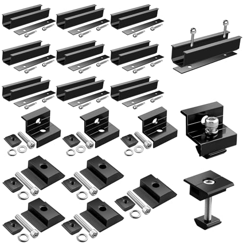 GETLITOOL Solarmodul Halterung, PV Halterung Montageset zur Montage 4 Module-12cm Alu Schiene, Verstellbare Klemme für 30-35MM Module, Solarpanel Halterung Flachdach Trapezblech Ziegeldach| Schwarz