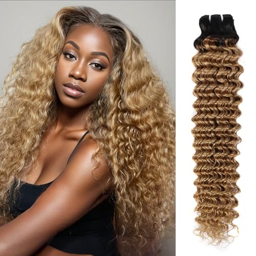 T1B/27 12A Human Hair Bundles 24 Inch Deep Wave Bundles Human Hair 100% Unprocessed Brazilian Virgin Deep Curly Weave 1 Bundle Water Wavy Hair Extensions Honey Blonde Bundle for Women