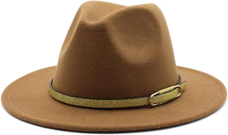 Classic Western Style Wool Fedora Hat, Yellow with Gold Belt Accent, Wide Brim Crown