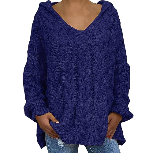 Pull bleu foncé à capuche grande taille pour femme moderne en coton
