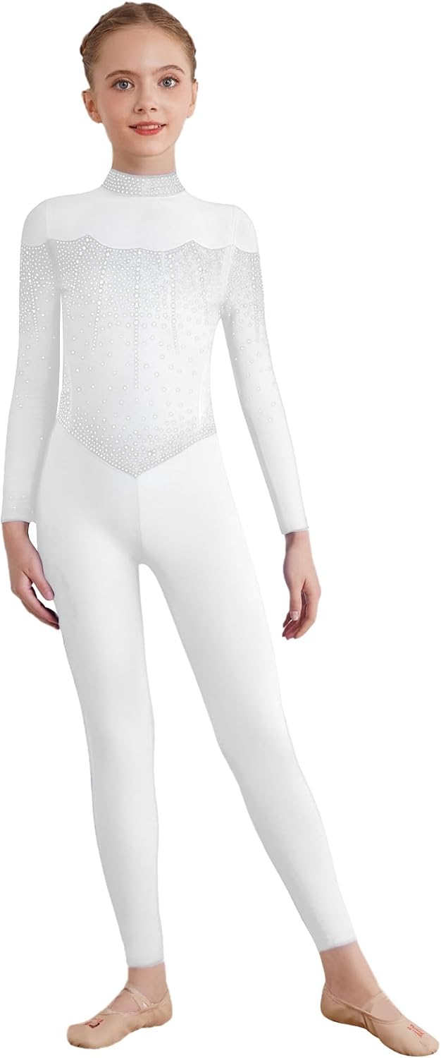 Freebily Kids Girls Sparkly Full Body Dance Unitard Long Sleeve Gymnastics Leotard One Piece Athletic Bodysuit