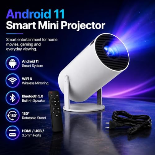Image of One94Store Android 11 Smart Mini Projector, WiFi 6 Bluetooth HD Home Theater Projector, 1080P 4K Input Support, 180 Rotating Stand, Auto Keystone, HDMI USB for Mobile & Gaming