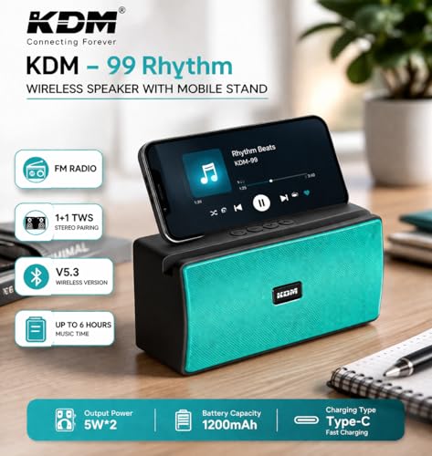 Image of KDM 99 Rhythm Portable Bluetooth Speaker with Mobile Stand, 10W (5Wx2) Super Bass, TWS Pairing, FM Radio, Hanging Strap, 6H Playtime, Type-C Charging,Green