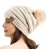 PAGE ONE Womens Fleece Lined Slouchy Beanie Chunky Baggy Hat Fur Pompom Winter Soft Warm Cap Beige
