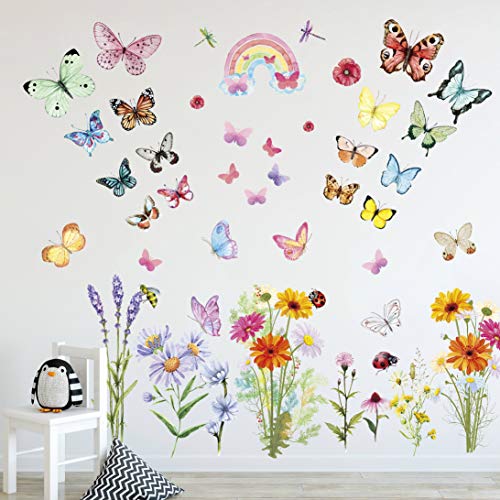 Flower Wall Stickers Colorful Butterfly Wall Stickers Daisy Rainbow Wall Stickers for Girls Bedrooms Living Room Decoration
