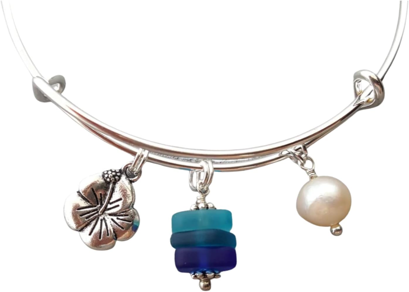 Handmade Blue Hawaii Matching bracelet, Hibiscus charm, Natural pearl, Hawaiian Gift, (Hawaii Gift Wrapped)