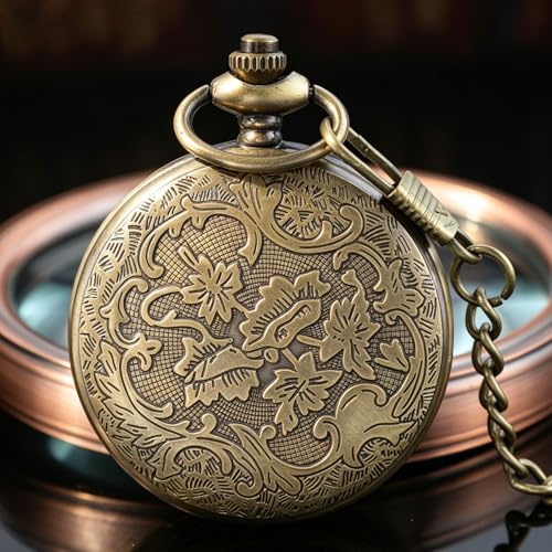 Image of Tiong Vintage Pocket Watch Engraved Cowboy Skull Wolf 3D Pattern Arabic Numerals Quartz Pocket Watch with Chain Best Gifts