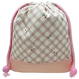 [miwaki] 給食袋 巾着袋 小 女の子 コップ袋 マチあり 小学校 幼稚園 保育園 日本製 手作り シンプル お名前タグ付き マチあり モチーフ ホワイト ピンク ギンガムチェック チェリー PK S