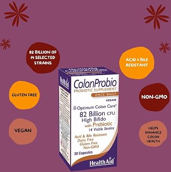 HealthAid ColonProbio 82 Billion with Prebiotic, 14 Strains, Once Daily, 60ct, Optimum Colon Care, Acid & Bile Resistant, Dairy Free, Gluten Free, Non-GMO, High Bifido