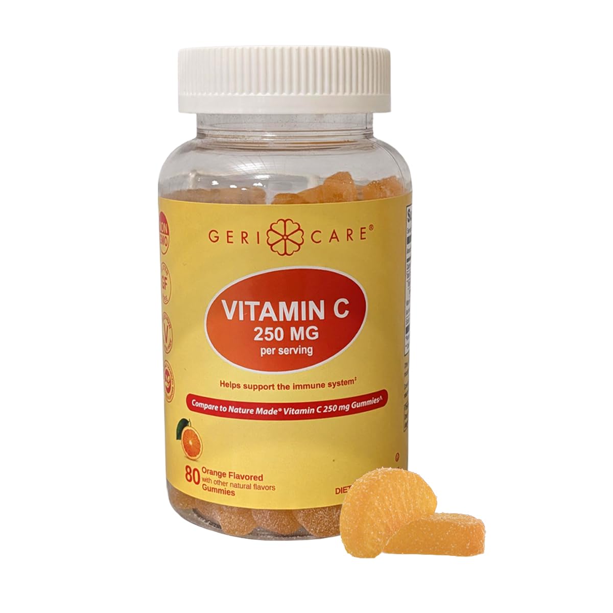 GeriCare Vitamin C 250 mg Gummies, 150 Count | Orange Flavored Dietary Supplement | 250 mg Vitamin C Per Serving | Immune System Support | Non-GMO, Gluten Free, Vegetarian, Gelatin Free