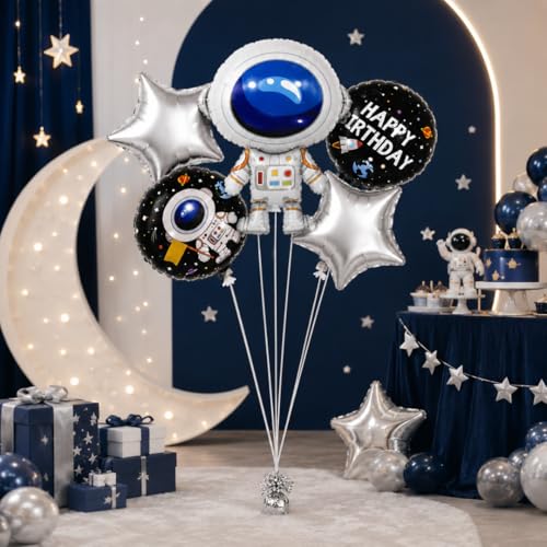 Image of Wanna Party Space Theme Foil Balloon Set (Pack of 5) | Astronaut, Rocket & Star Balloons for Kids Birthday | Outer Space Party Decorations | Happy Birthday Balloon Combo