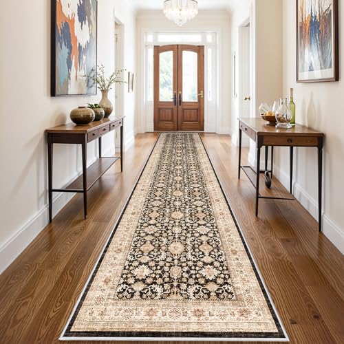Washable Hallway Runner Rug 3x14: Soft Kitchen Rug Non Slip Rug Runner with Rubber Backing for Living Room Bedroom Bathroom Non Shedding Farmhouse Carpet Runner Rug (Black, 3X14)