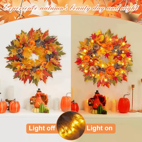 CHANCCI Autumn Wreaths for Front Door,20 Inch Thanksgiving Fall Wreath,Artificial Maple Autumn Wreath,Sunflower Fall Wreath with LED Light,Wreath for Fall Outdoor Indoor Home Decoration - Image 3