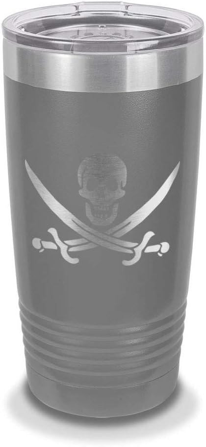 Calico Jack 20 oz Laser Engraved Polar Camel Stainless Steel Vacuum Insulated Tumbler w/Clear Lid Pirate Jolly Roger flag - Customizable - Dark Gray